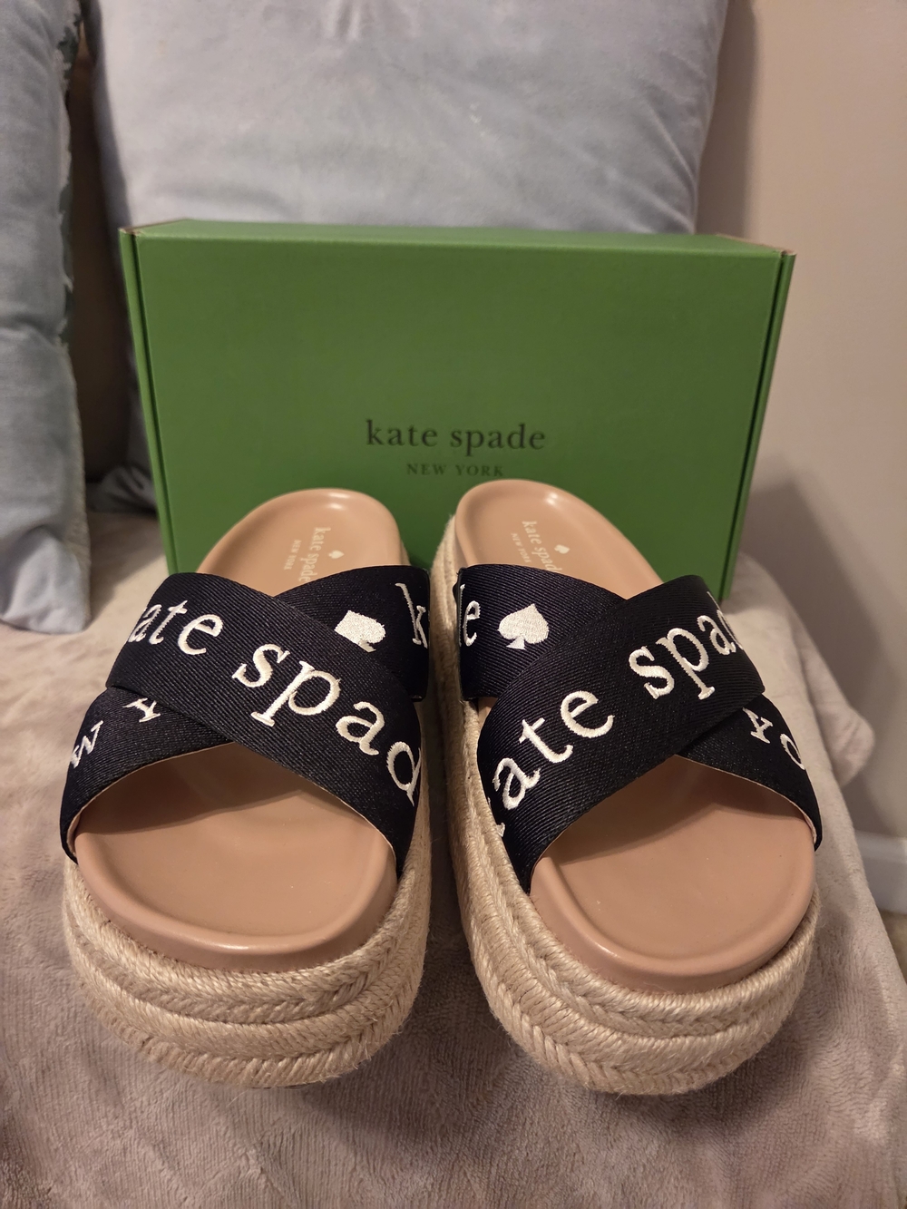kate spade Black Logo Espadrille Platform Slides with Natural Rope Soles